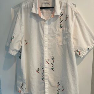 Tommy Bahama Hawaiian Shirt Mens Surfing Hula Girls Ivory Stripe Camp XXXL